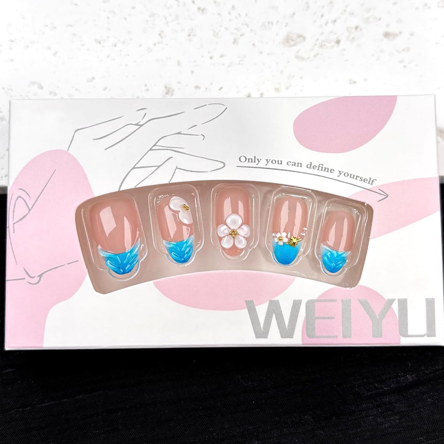 30Pcs Summer Blue FrenchPress on Nails Medium Almond ShapeFake Nails Press on with French Tip and 3d Flower Design Nude Base Spring and Daily for Women