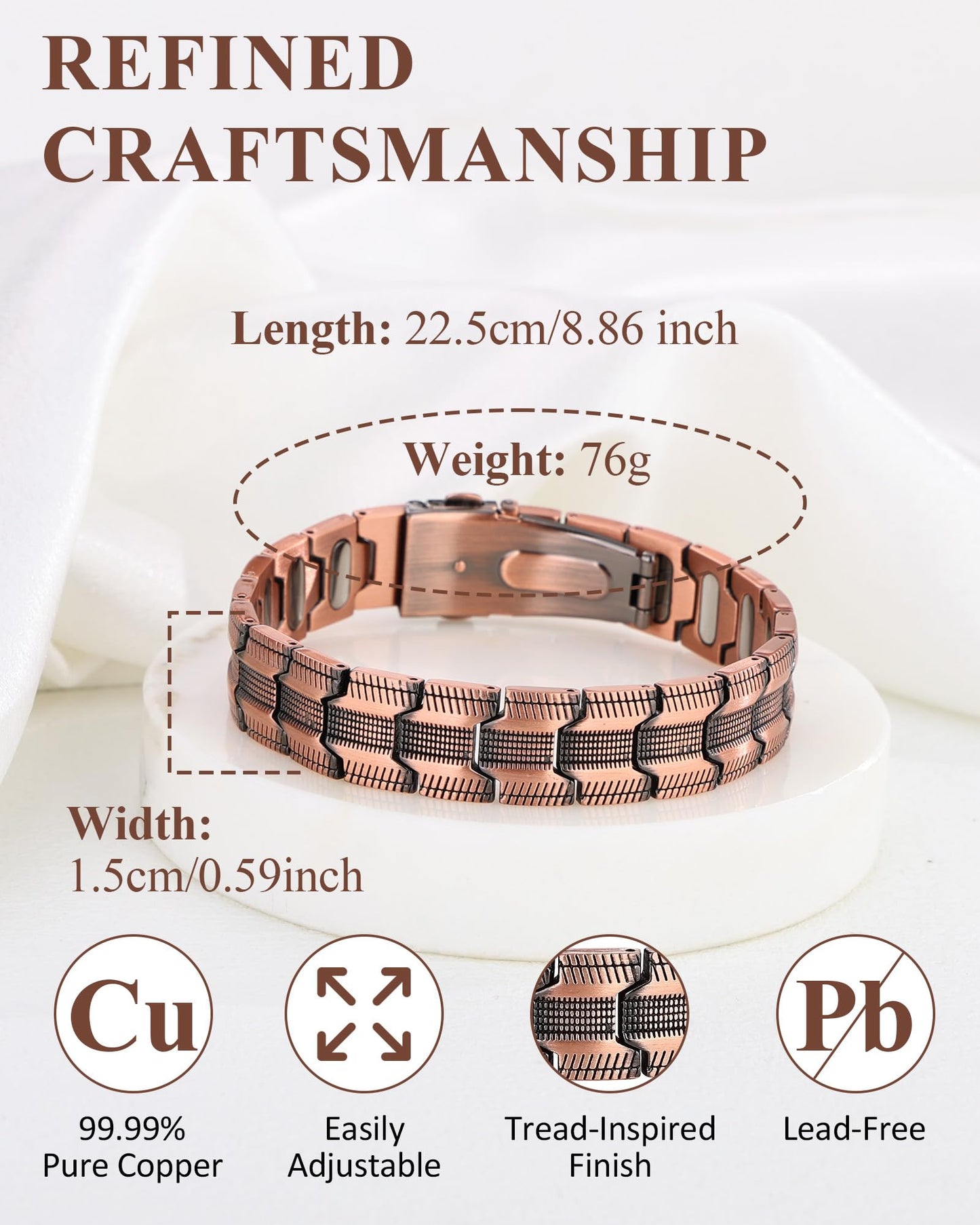MagnetNova Ultra Strength Magnetic Bracelets for Men, 99.99% Pure Copper Bracelet with 5000 Gauss Magnets, Adjustable Size with Sizing Tool & Gift Box (Copper-15mm)