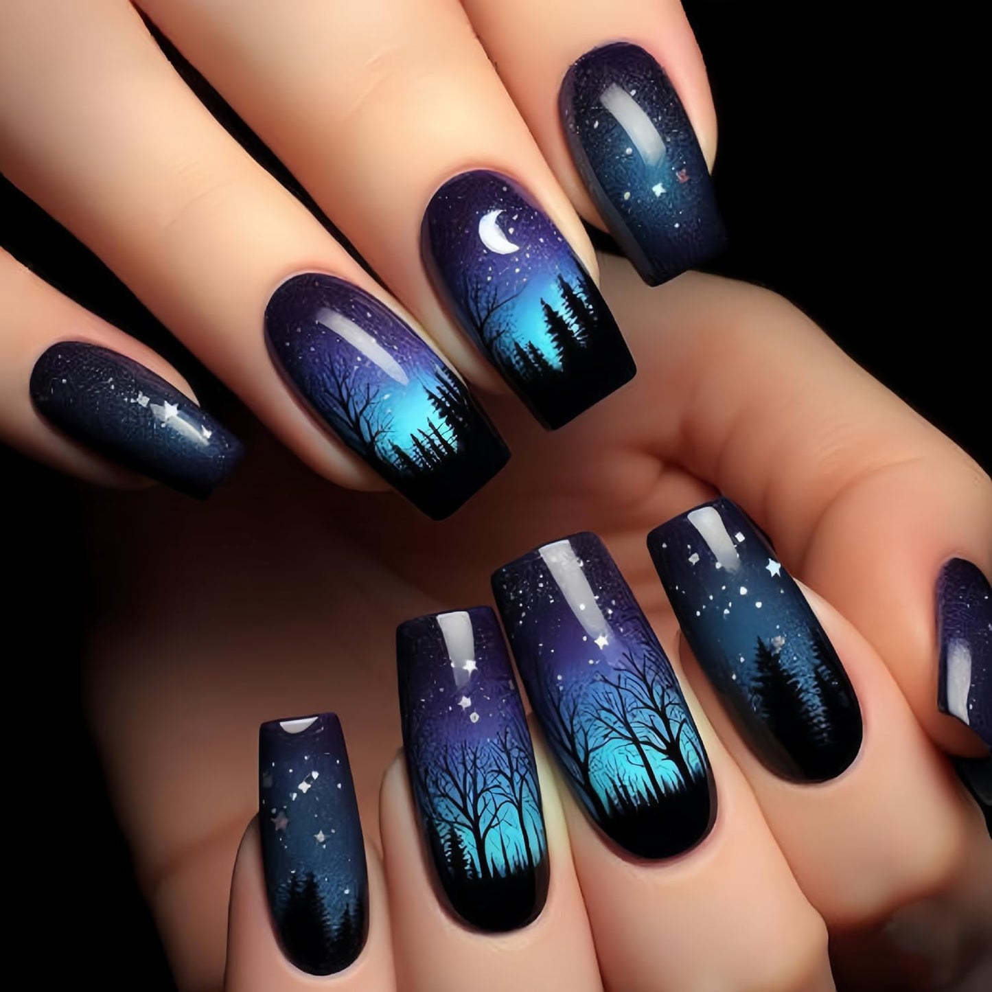 Press on Nails Medium Square Aurora Blue Night Black Forest Design False Nails Artificial Nails Full Cover Nails Acrylic Coffin Nails Reusable Glue on Nails DIY Stick on Nails for Women 24Pcs