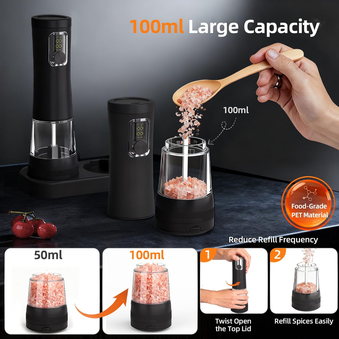 Electric Salt and Pepper Grinder Set-2 Pack Rechargeable Automatic Pepper Mill with Base,5-Level Adjustable Coarseness, Display, LED Lighting, Large Capacity-Ideal for Kitchen, BBQ Gifts (2, Black)