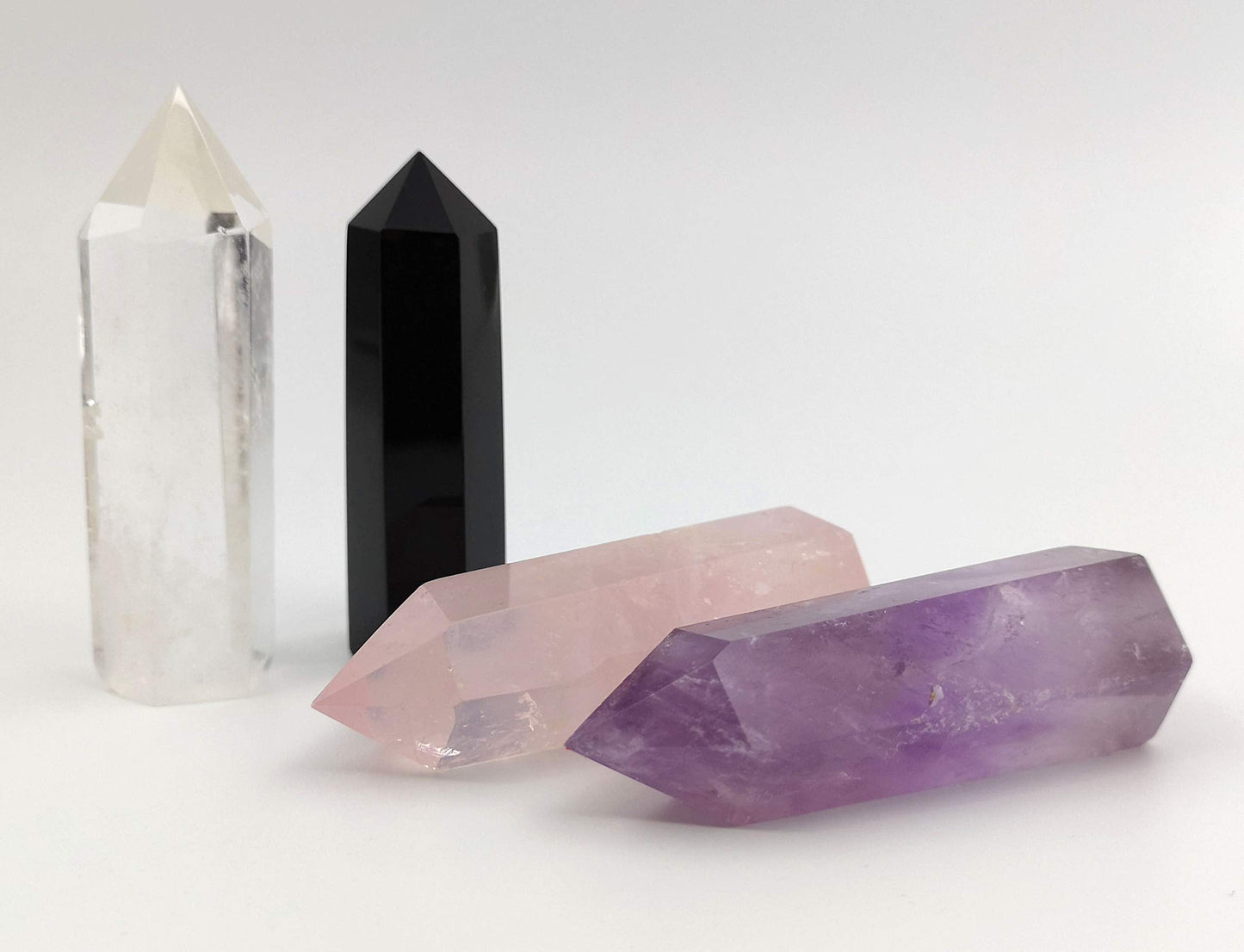 Set of 4 Healing Crystal Wands | Amethyst Crystal, Clear Quartz Crystal Wand & Rose Quartz Crystal Points,Black Obsidian| 6 Faceted Reiki Chakra Meditation Therapy