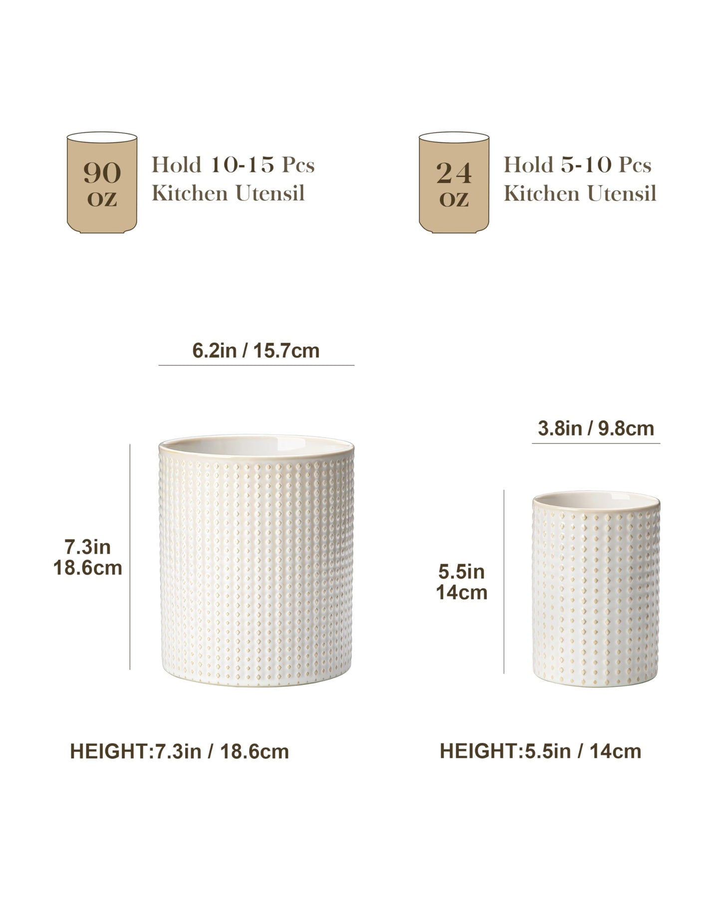 MALACASA LYDIA Ceramic Utensil Holders, 7.3"+5.5" Kitchen Utensil Crock Set for Countertop, Large & Small Utensil Organizers for Cooking Tools, Rhombus Pattern
