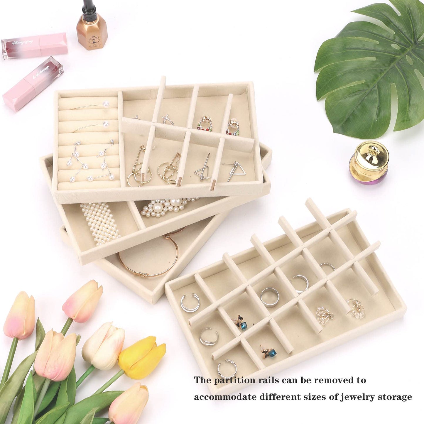 AIRZSNRY Velvet Jewelry Organizer for Drawer, Stackable Jewelry Drawer Inserts in Dresser, 8in Beige Storage Display Case for Rings Stud Necklaces Accessories, Set of 12