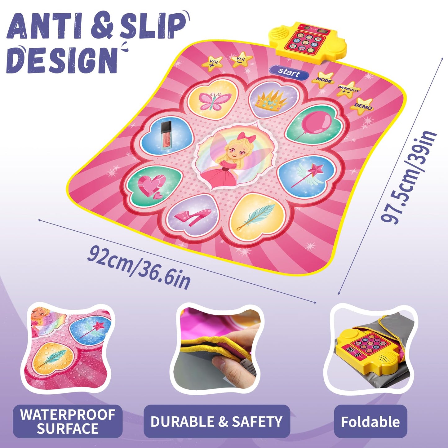 YESHIN Dance Mat, Rhythm Step Play Mat with LED Lights, Oversized Sensitive Buttons, 8 Songs & 7 Volume Levels, 3 Modes, Dance Game Toy Pad, for Kids Girls 3-12 (Pink)