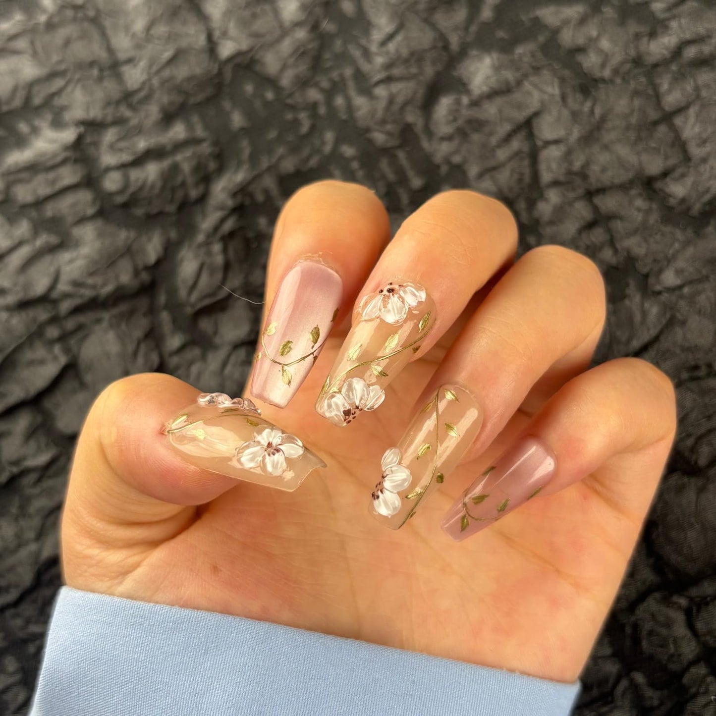 AKA Unicorn Trendy Handmade Press On Nails Medium Coffin Shape,10Pcs Hand Painted Acrylic Fake Nails with 3D Flower Charm Design Clip On Nail for Woman Gift