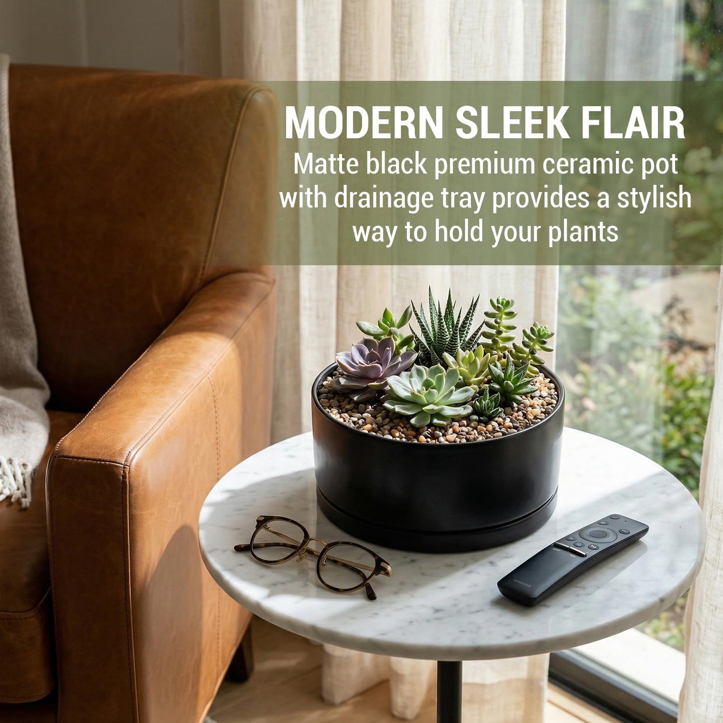 MyGift 8 Inch Black Ceramic Succulent Planter Pot - Decorative Flower Plant Bowl with Removable Saucer