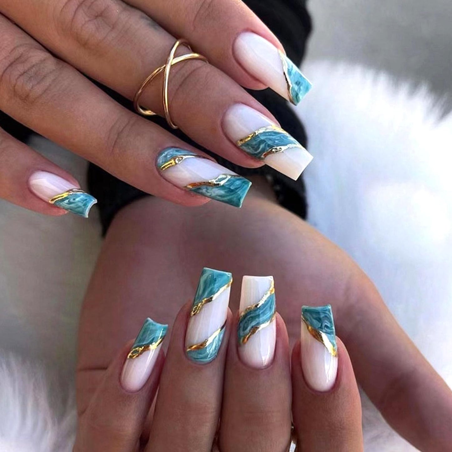 Coffin Press Ons Medium Fake Nails - Gold Line Designs, Light Blue Smudge Nails, Press Ons with White Glue, Glossy Full Cover Artificial Stick On Nails - 24PCs