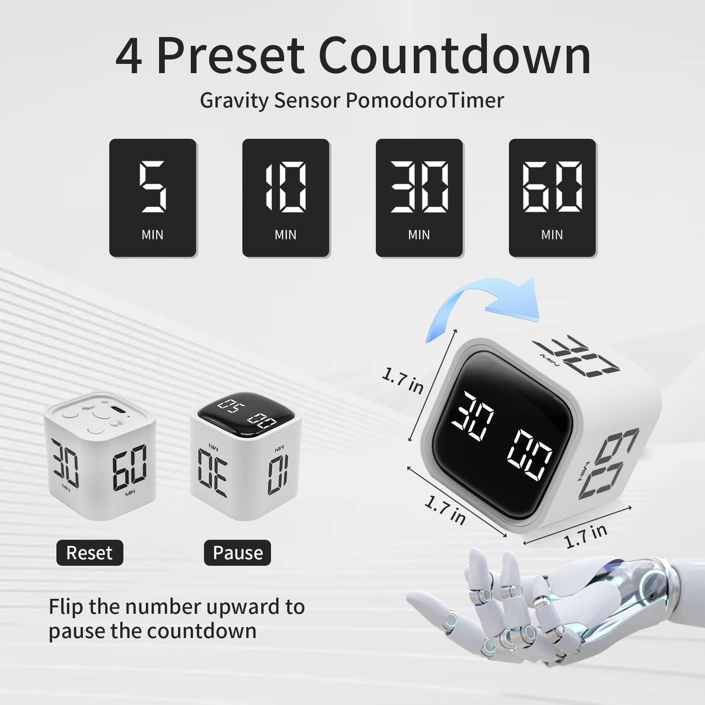 Productivity Timer Flip Gravity Sensor Cube Timer Countdown & Countup,Mute & Vibrate & Sound，5/10/30/60min & Custom Timing, Perfect for ADHD,Work,Learning,Kitchen Cooking (1White)