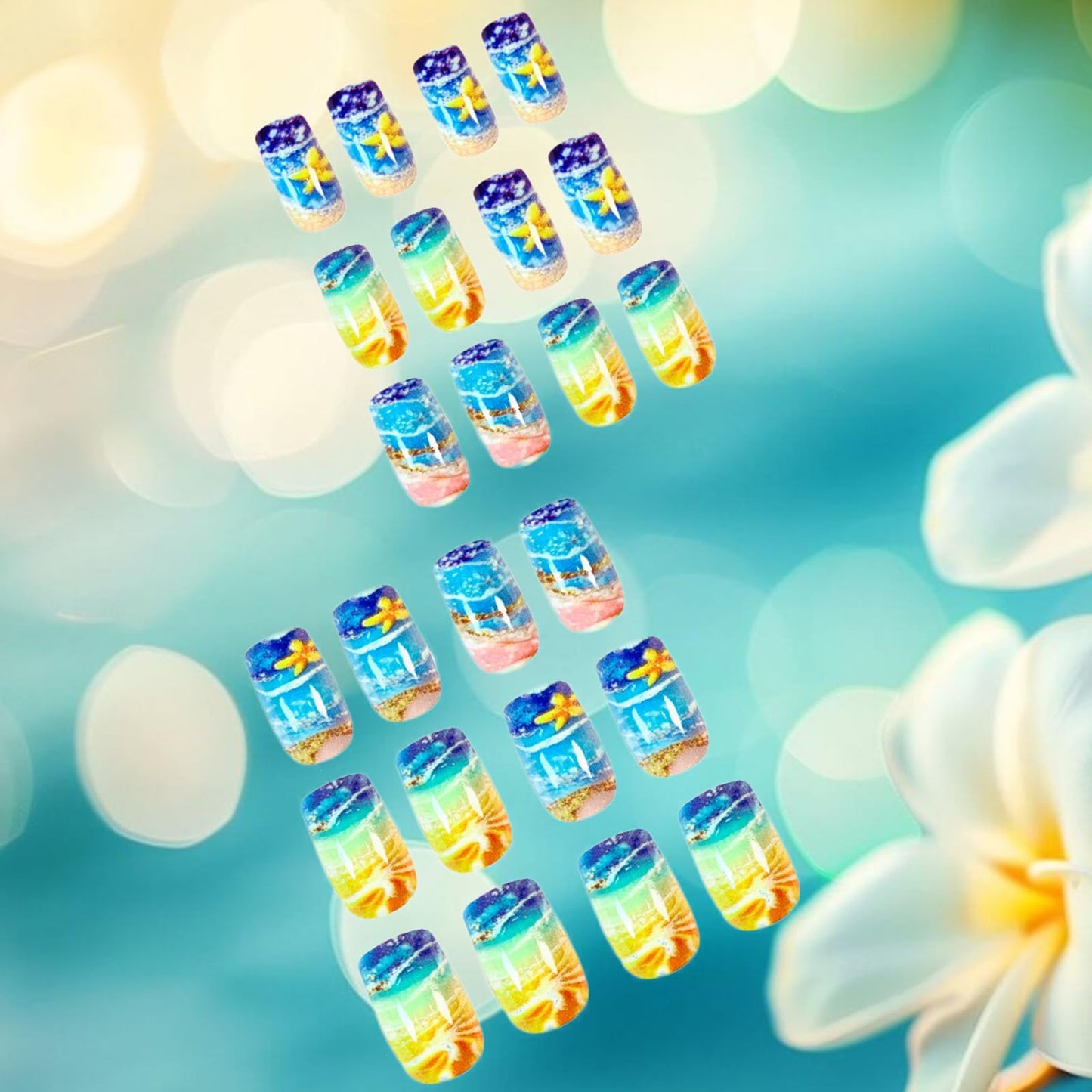 24Pcs Summer Press on Nails Short Square Fake Nails with Gradient Waves Design Golden Beach False Nails Glossy Glue on Nails Acrylic Nails Full Cover Stick on Nails for Women Manicure