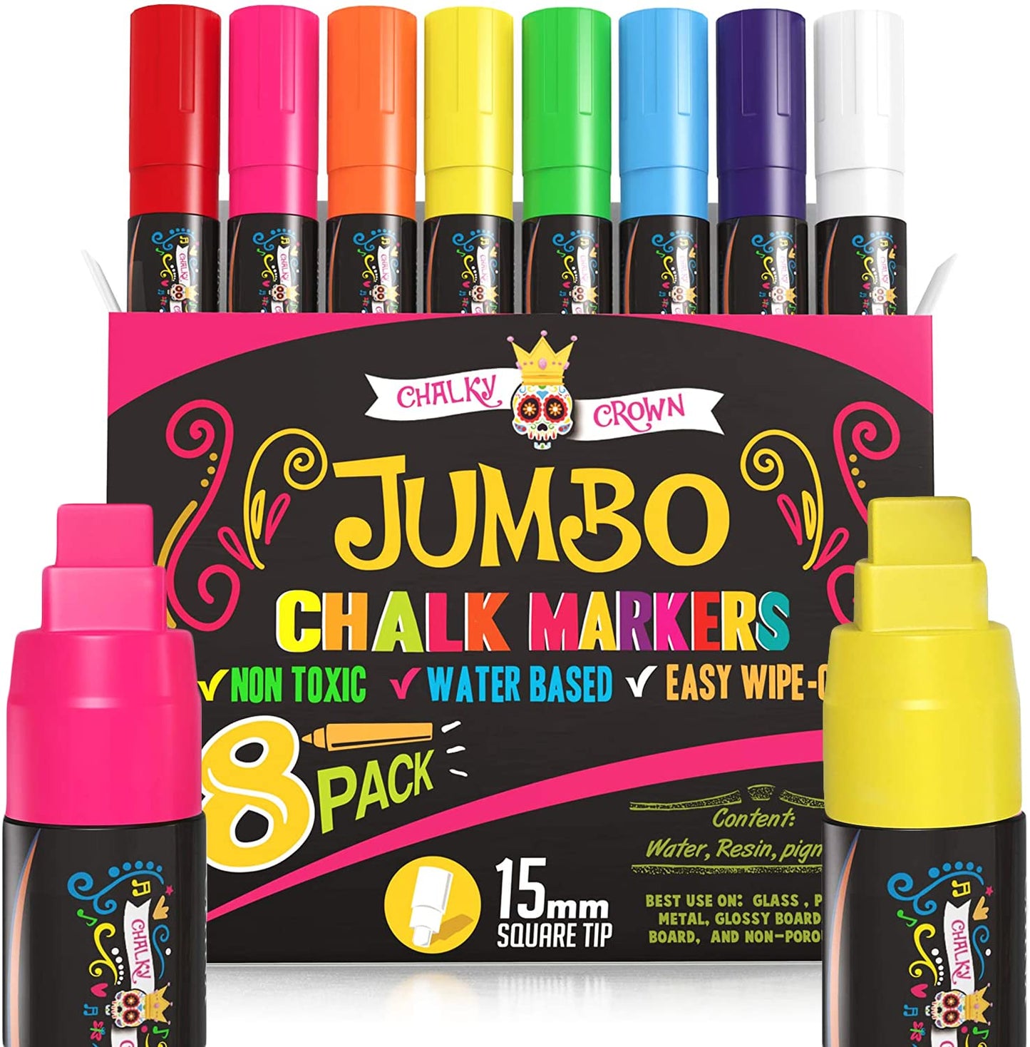 Jumbo Liquid Chalk Markers - Bold Chalk Markers for Chalkboards, Window Marker, Chalks Pens for Signs, Blackboard, Glass - Square Reversible Tip (15mm, 8 Pack)