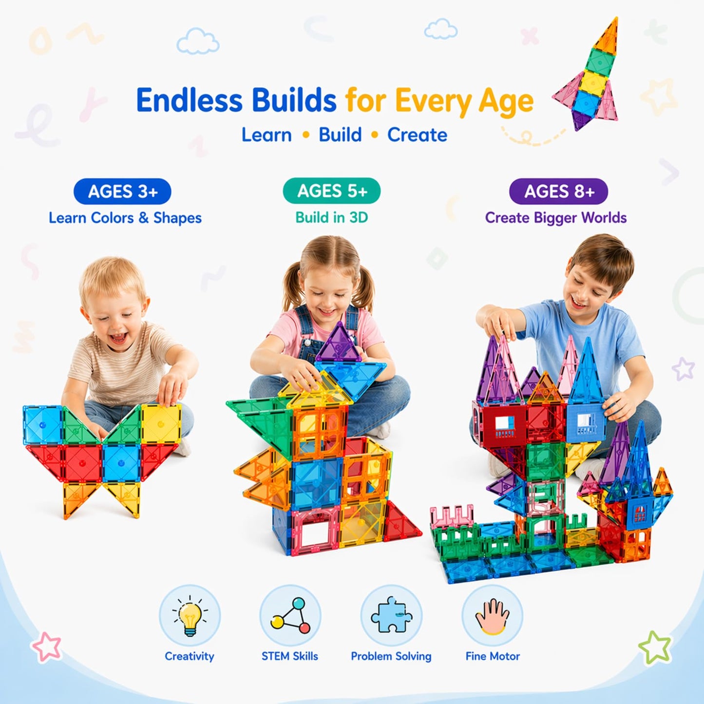 AFUNX Magnetic Tiles,102PCS Magnetic Building Blocks 3D Clear Construction Playboards, Inspiration, Creativity Beyond Imagination, Educational Magnet Toy Set for Kids with 2 Cars