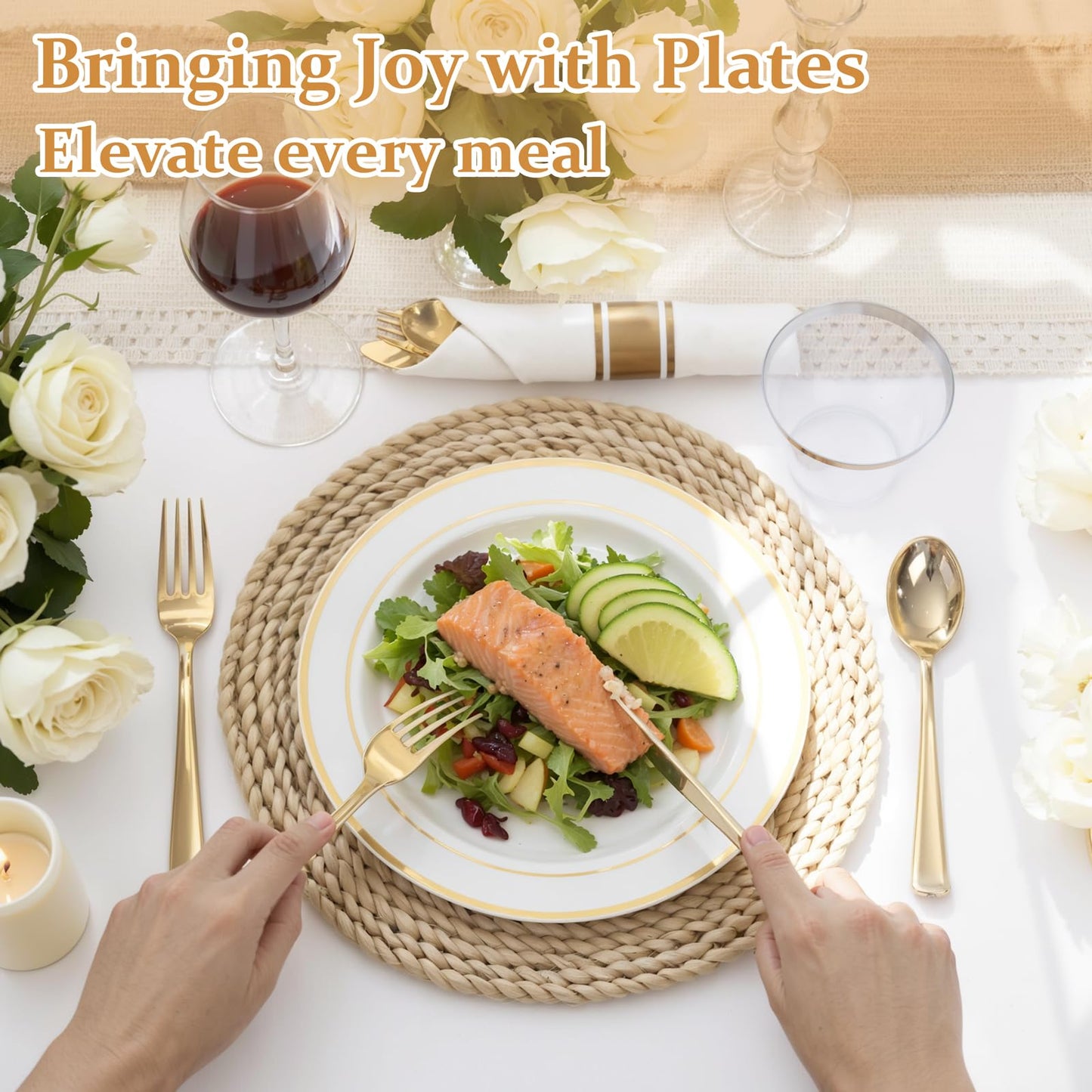 WDF Partyware 350Piece Gold Dinnerware Set for 50 Guests - Gold Plastic Plates with Disposable Cutlery - 50Dinner Plates-50Dessert Plates-50Pre Rolled Napkins with Silverware for Wedding/Mother's Day