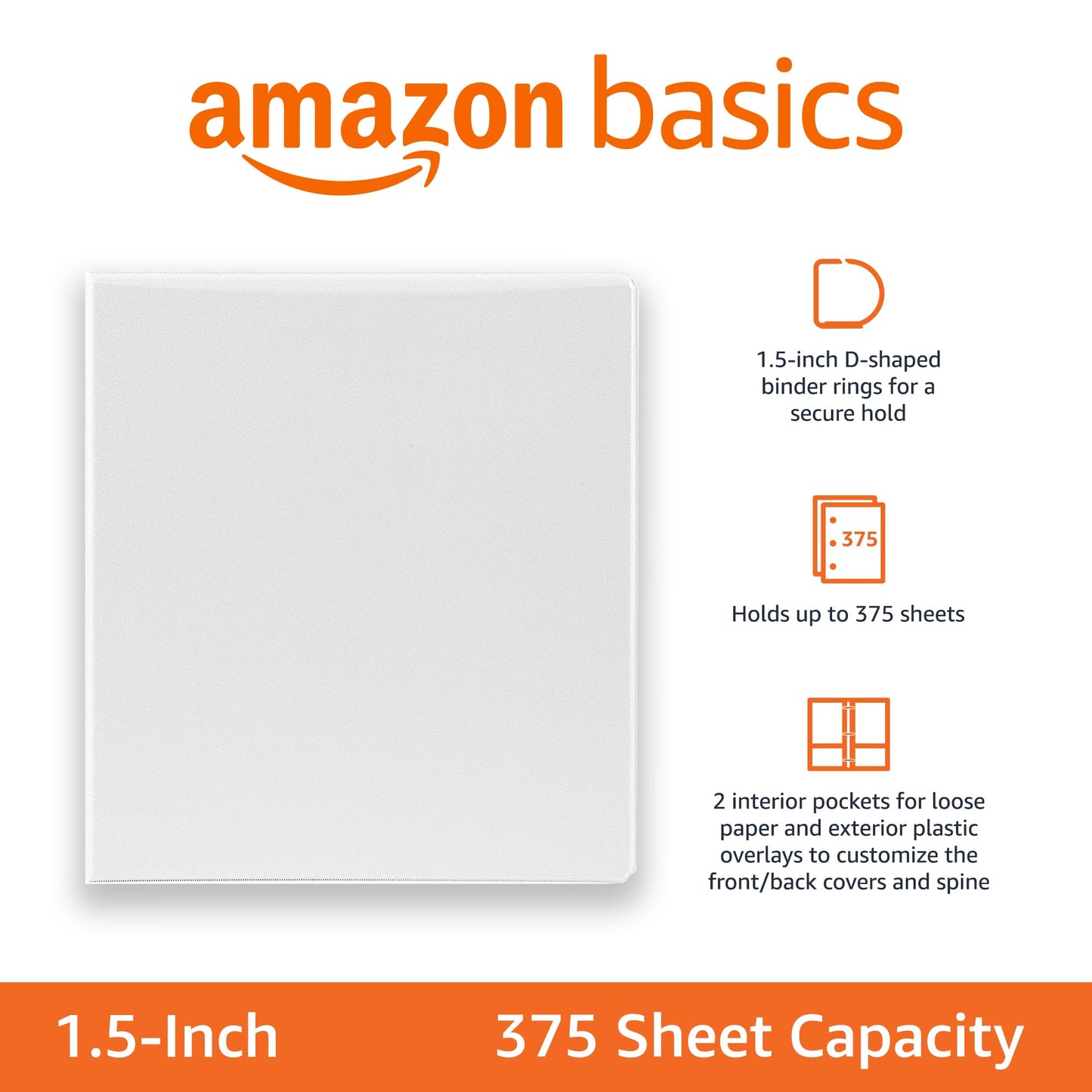Amazon Basics 3 Ring Binders, 1.5 Inch D-Ring Organizer for School, Home Office, White, 4 Pack