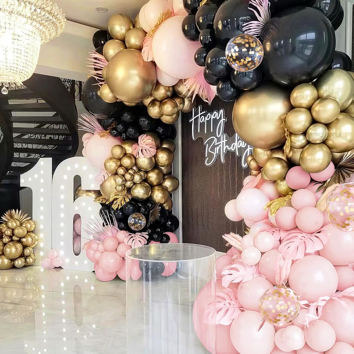 MEBAY Black Pink and Gold Balloon Garland Arch Kit, 156 Pastel Pink Matte Black Metallic Gold Balloons for Women Girls Party Birthday Wedding Bridal Shower Bachelorette Anniversary Graduations