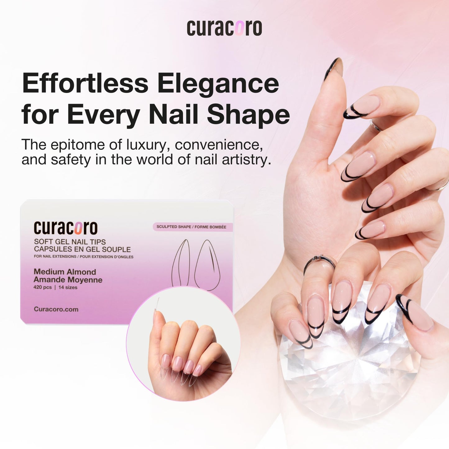 Curacoro Sculpted Medium Almond Gel Nail Tips 420Pcs, Clear Full Cover Soft Acrylic Tips 14 Sizes, Easy to Use, Long-Lasting, Glossy Finish