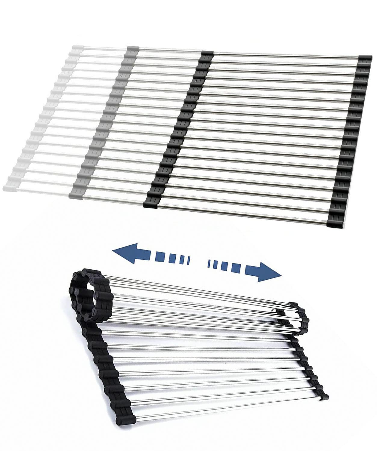 CHIRISEN Expandable Large Roll Up Dish Drying Rack, Foldable Over The Sink Dish Drying Rack, Rolling Dish Drainer Stainless Steel Roll Rack for Kitchen Sink Counter (Black, 21.25x12.79)