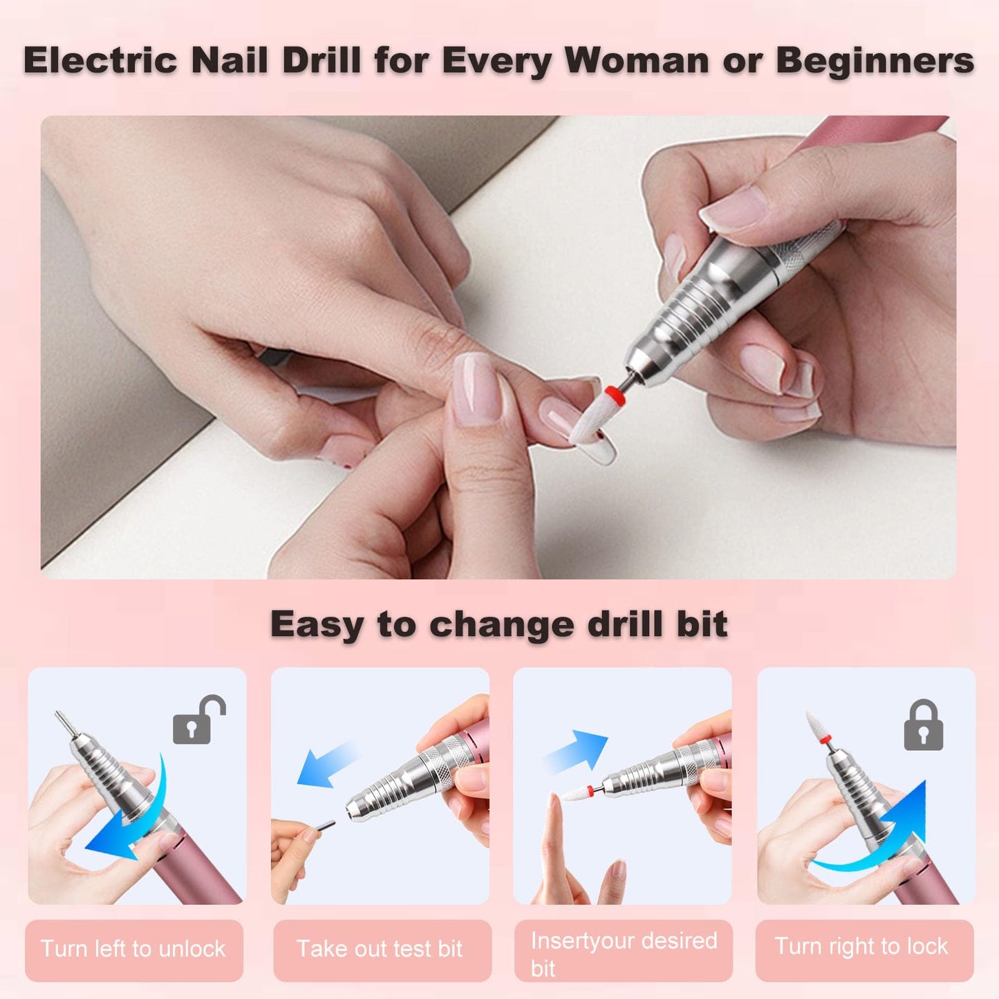 Qinvone Electric Nail Drill File: Professional 40000RPM Nail E-File Drill, Rechargeable Cordless Nail Drill with Bits & Base for Acrylic Nails Remove Nail Gel Polish Manicure for Home Salon Use (Pink)