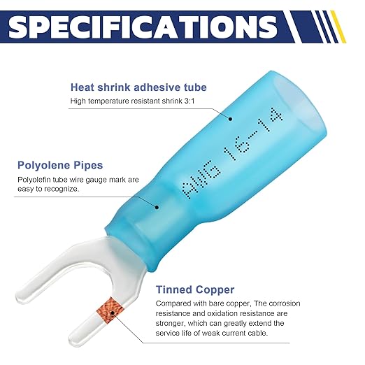 haisstronica 210PCS Heat Shrink Fork Spade Connectors #8#10 Waterproof Marine Grade Fork Terminal Connectors U-Type Blue Red Yellow 22-10 Gauge