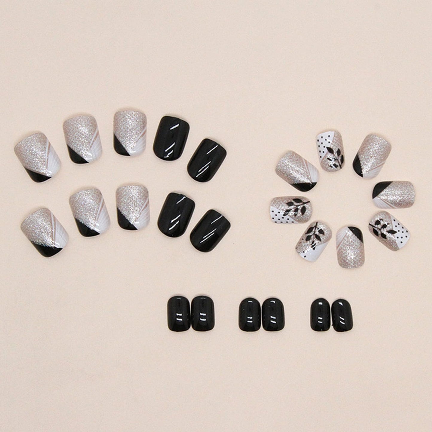 YOJIATOP Fall Press-on Nails - Short Square False Nails with Leaves & Glitter Designs, French Tip, Glossy Glue-on Nails - Black - 24 Pcs