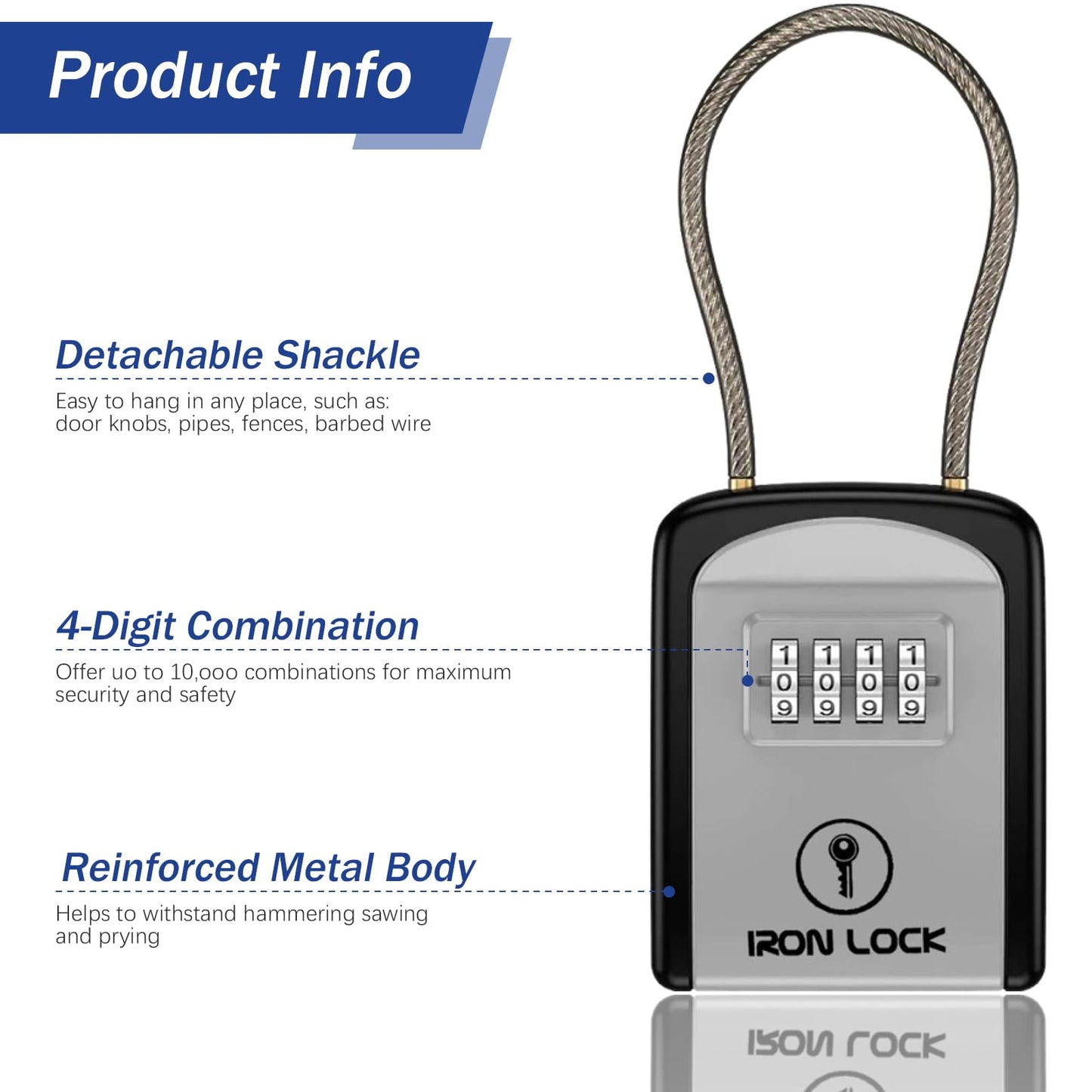 Iron Lock® Key Lock Box Portable with Cable Shackle – Small Waterproof Heavy-Duty Metal Safe with 4-Digit Combination for Spare Keys Outside on Door Knob, Fence, Pipe or Gate (Grey, Small)