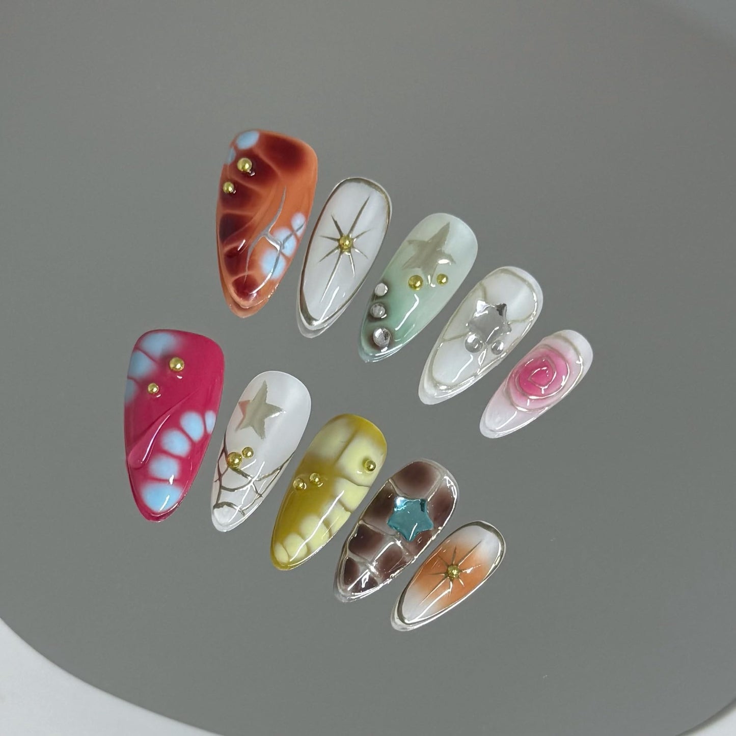 10Pcs Medium Almond Handmade Press On Nails | Easy Apply & Remove, Reusable Salon Quality Nails | Y2K Punk Multicolor Fake Nails with 3D Floral, Star & Gold Bead Accents(5U01, XS)