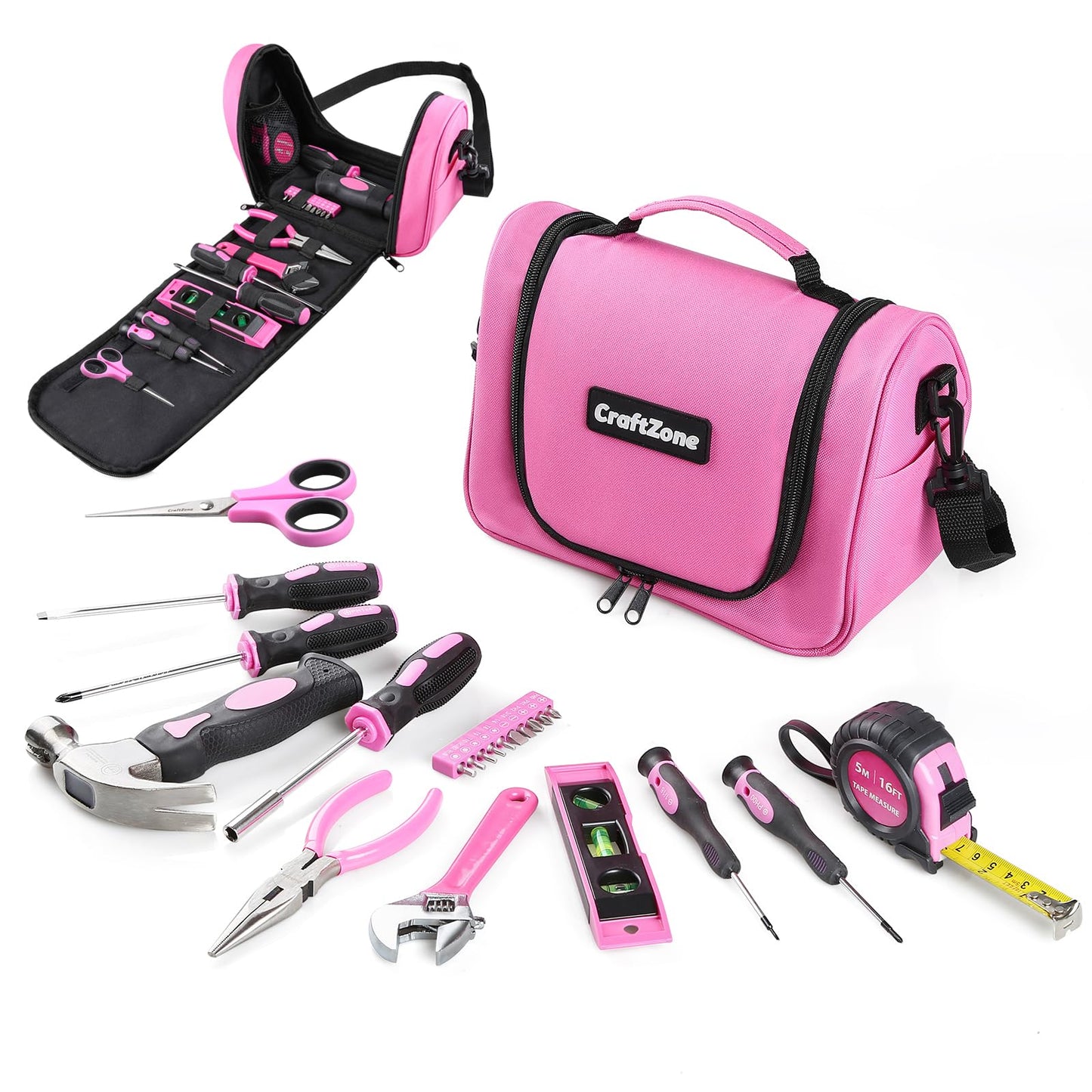 Pink Tool Set,Tool Bag for Women with Shoulder Strap,Basic Tool Kit,21Pcs,Tool Pouch with Zipper,Portable Tool Bag with Tools for Home|Dorm|Office|DIY|Desk|Apartment