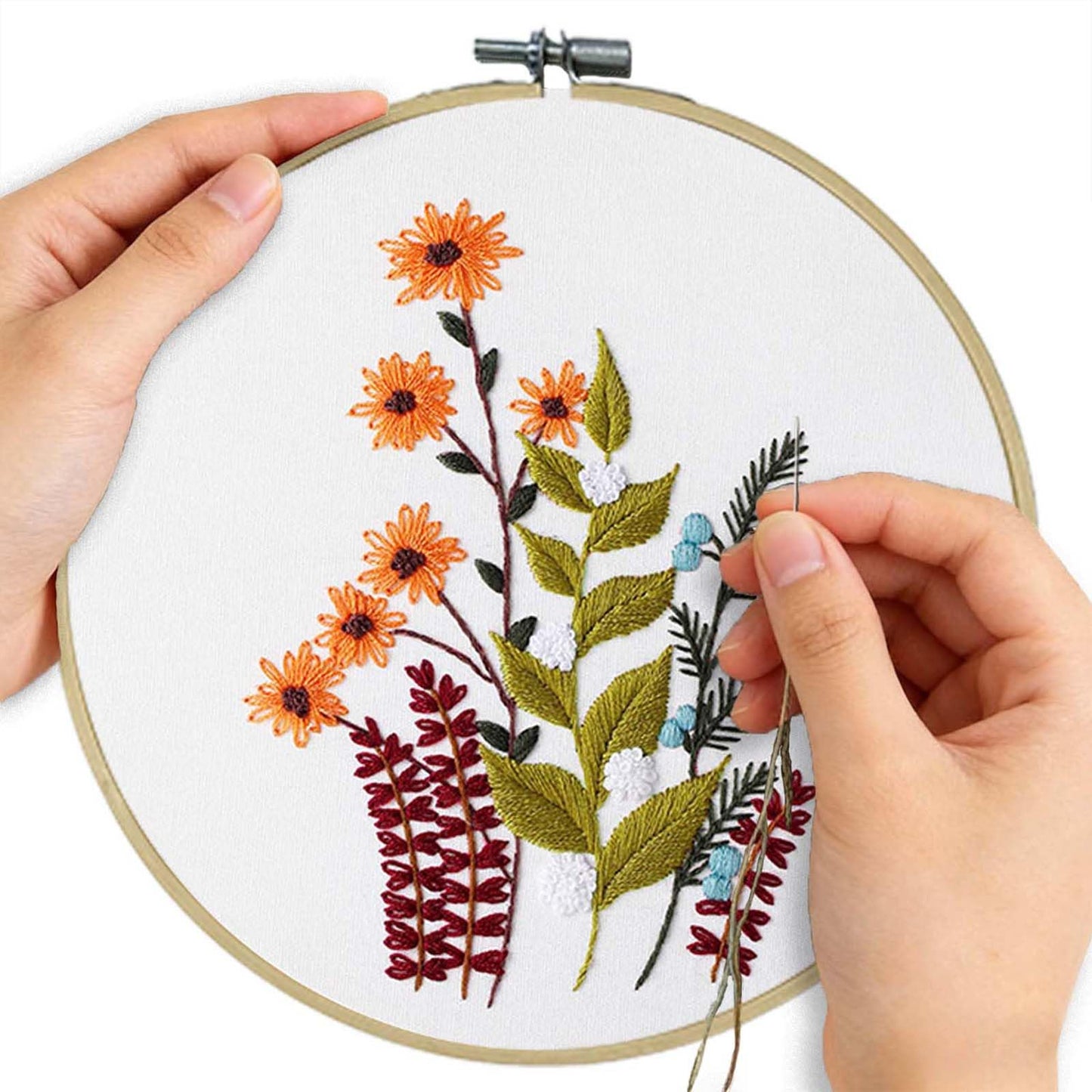 DMFXNBLM Embroidery Kit for Beginners, 4 Floral Pre-PrintedPatterns, Includes Multiple Accessories, with Step-By-Step Instructions and Clear Videos, Complete Kit Gift for Craft Lovers