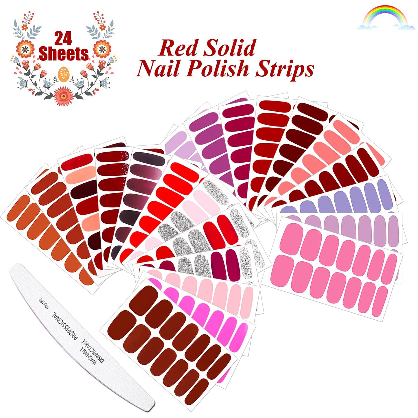 JERCLITY 24 Sheets Red Solid Color Nail Polish Strips Stickers Warm Color Full Nail Wraps Self Adhesive Nail Art Decal Nail Strips for Women Girls