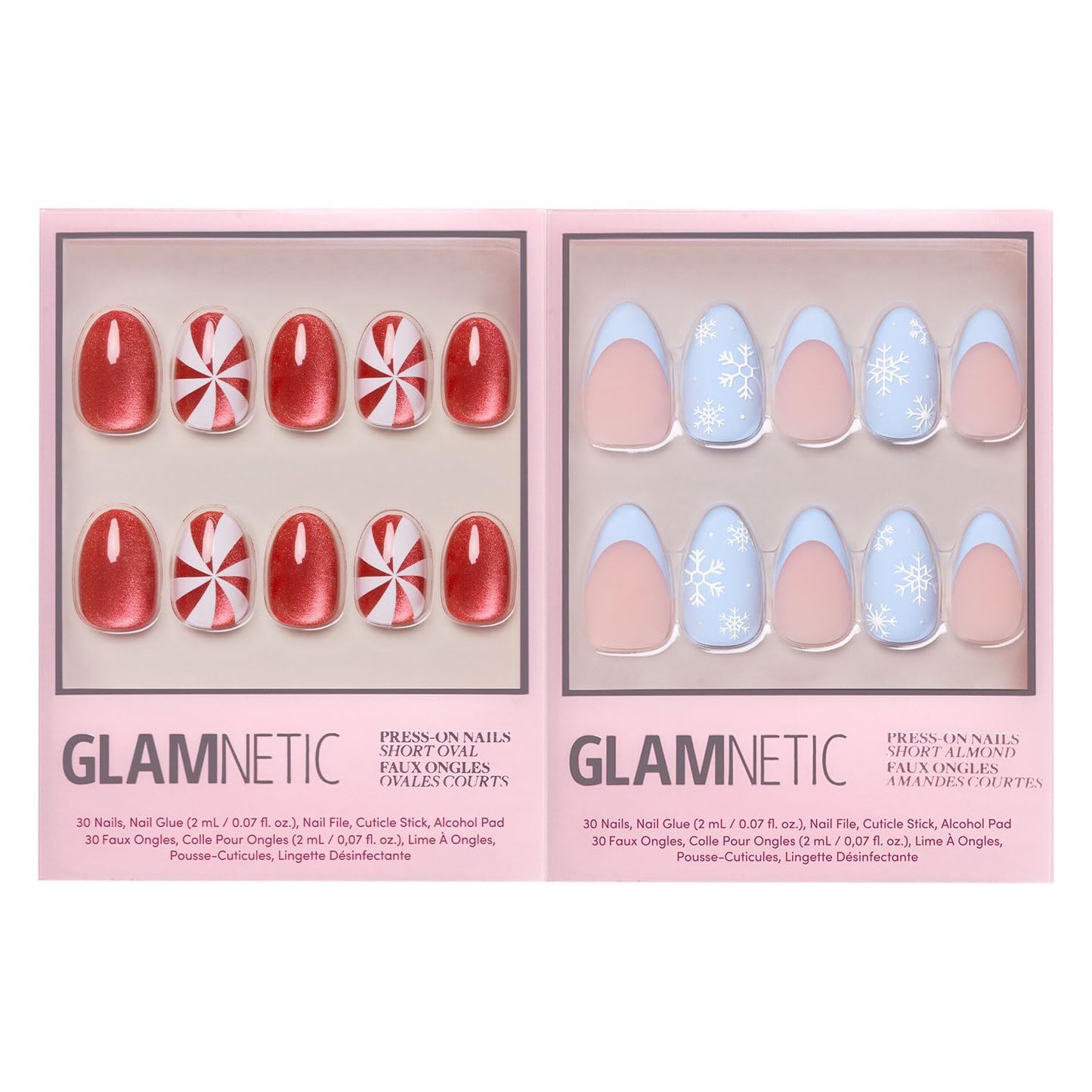 Glamnetic Press-On Nails Bundle - Candy Crush & Snow Bunny | Short Oval Fake Nails with Candy Cane Swirl Design and Velvet Finish | Pale Blue Short Almond Fake Nails with French Tips & 3D Snowflake De