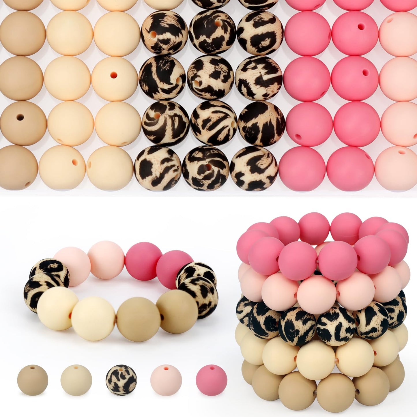 SALUOKE 100 Pcs 15mm Silicone Beads for Keychain Making, Pink Gream Silicone Beads Bulk Round for Bracelets Pens Crafts Jewelry Making (Pink Gream)