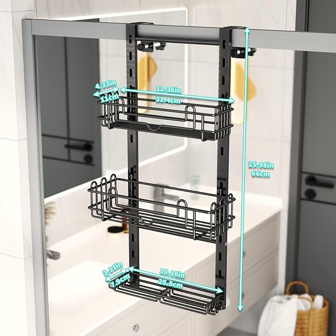 HapiRm 3 Tier Over the Door Shower Caddy, Hanging Shower Caddy with 16 Hooks and 2 Soap Holders, No Drilling Adjustable Hanging Bathroom Organizer - Black