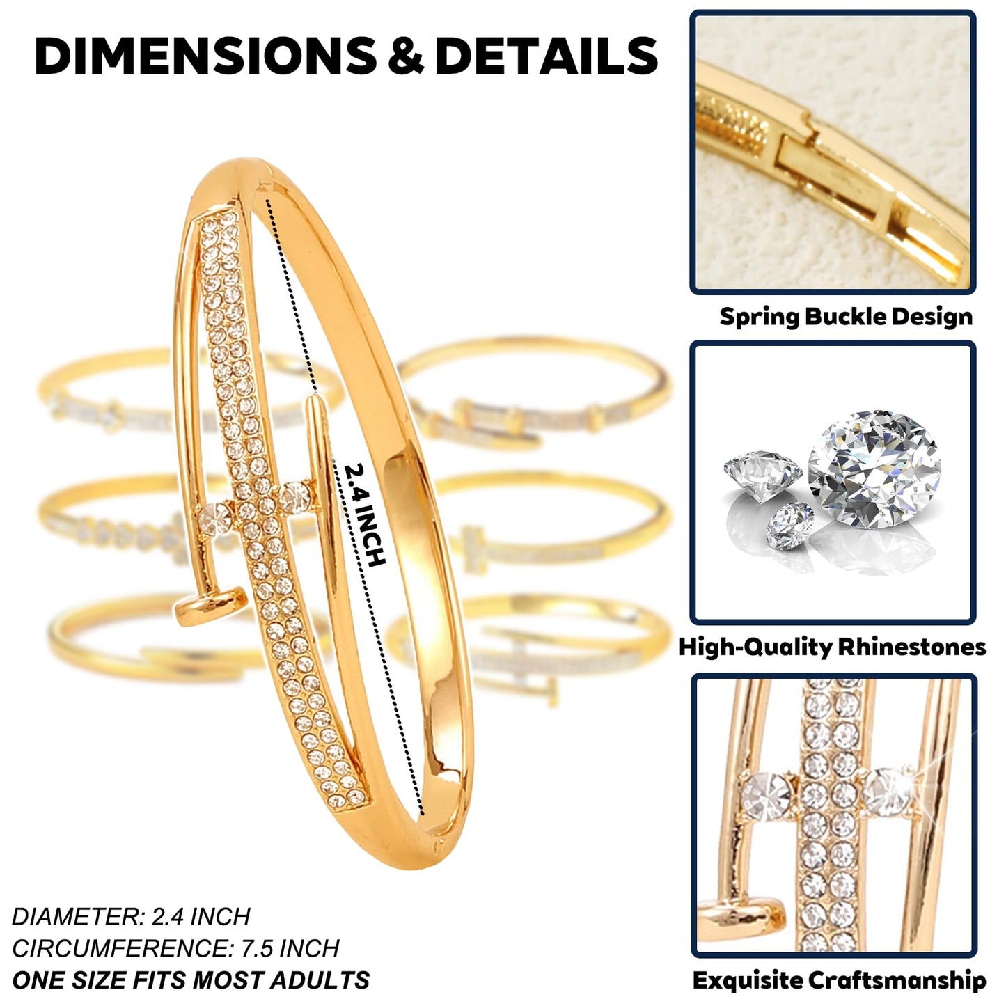 Pack of 6 - Silver Bracelet Bangles Bulk Set for Women,Trendy Stackable, Zinc Alloy Rivet & Four-Leaf Clover Design Stackable Bangles with Rhinestones, 2.4 Inch Diameter Fits Most Adults, Jewelry Gift for Her, Girlfriend, Wife, Mom, Sister, Lover on Birth