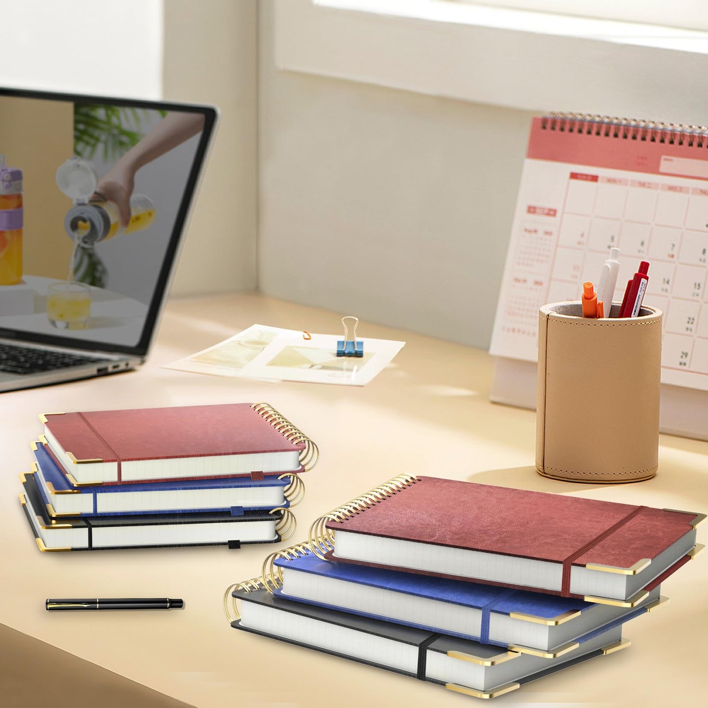 Mousbull A4 Top Spiral Notebook, Large Leather Hardcover Top Bound Steno Pads, 240 Pages 100 gsm Thick Lined Paper Left Handed Notebook Journal for Work, School, Meeting Writing - Black, 8.5" x 11"