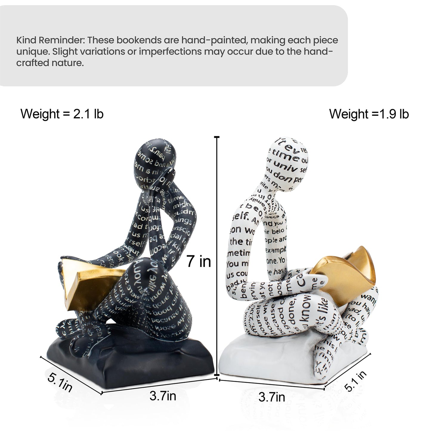 Heavy Duty Book Ends for Shelves, Thinker Decorative Bookends for Heavy Books, Unique Book Stoppers to Hold Book, Bookshelf Accessories, Modern Home Office Decor Aesthetic Black & White