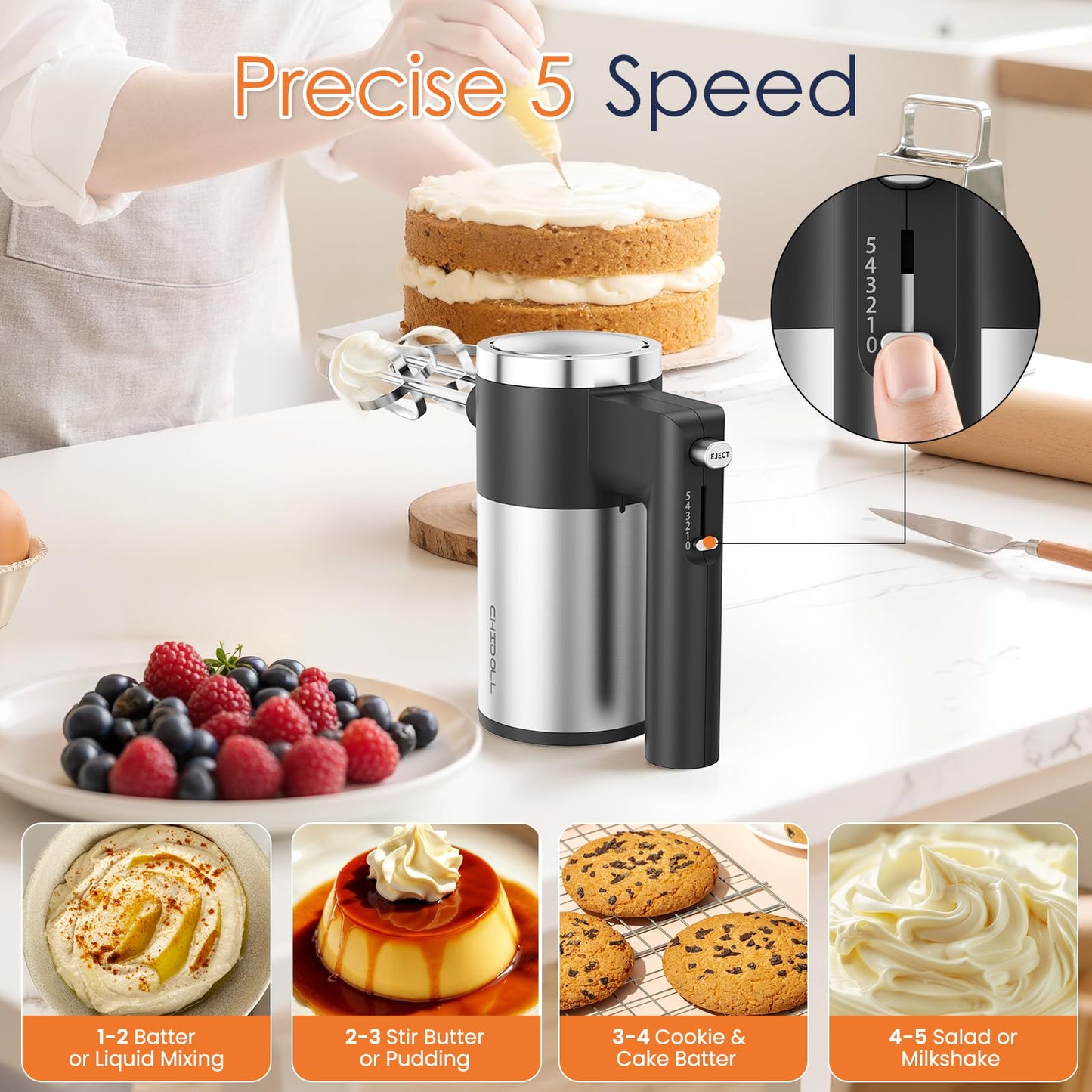 Powerful 600W Hand Mixer, 5-Speed Electric Hand Held Mixer for Baking, Lightweight Stainless Steel Hand Beaters *2 & Dough Hooks*2 with Eject Button, Kitchen Mixer for Cream, Cookies, Dough-Black