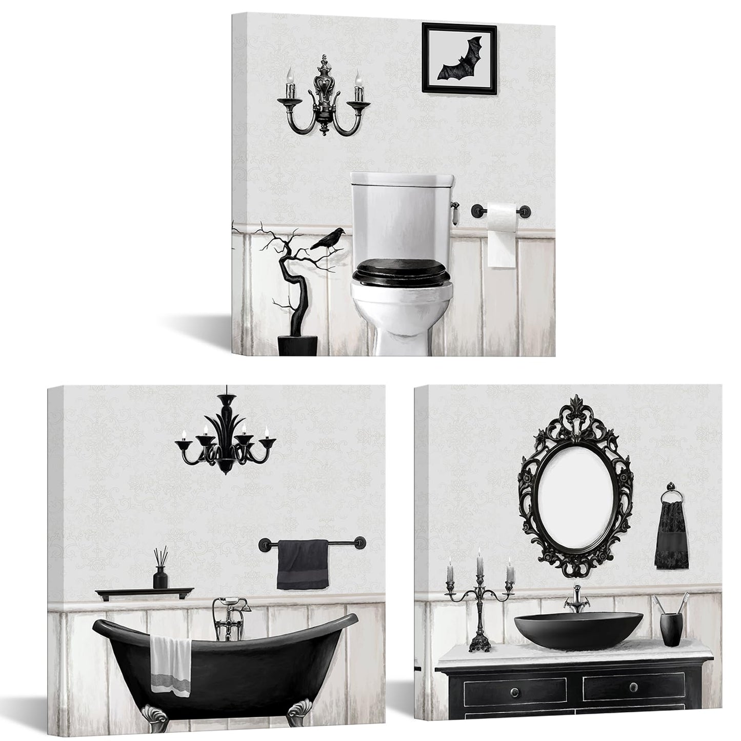 Visual Art Decor Gothic Bathroom Decor Goth Bathroom Wall Art Framed Ready to Hang 12x12inchx3Pieces (Grey)