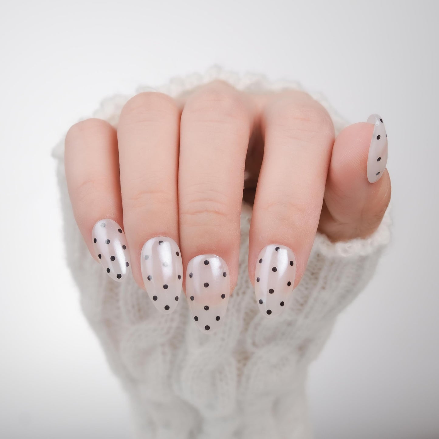 Nailique Press On Nails Short Almond – Handmade Chrome Glazed Donut Soft Gel White Black Polka Dot, 26pcs Reusable Nail Tips with Glue & Remover, Salon Quality Bridal Wedding Manicure