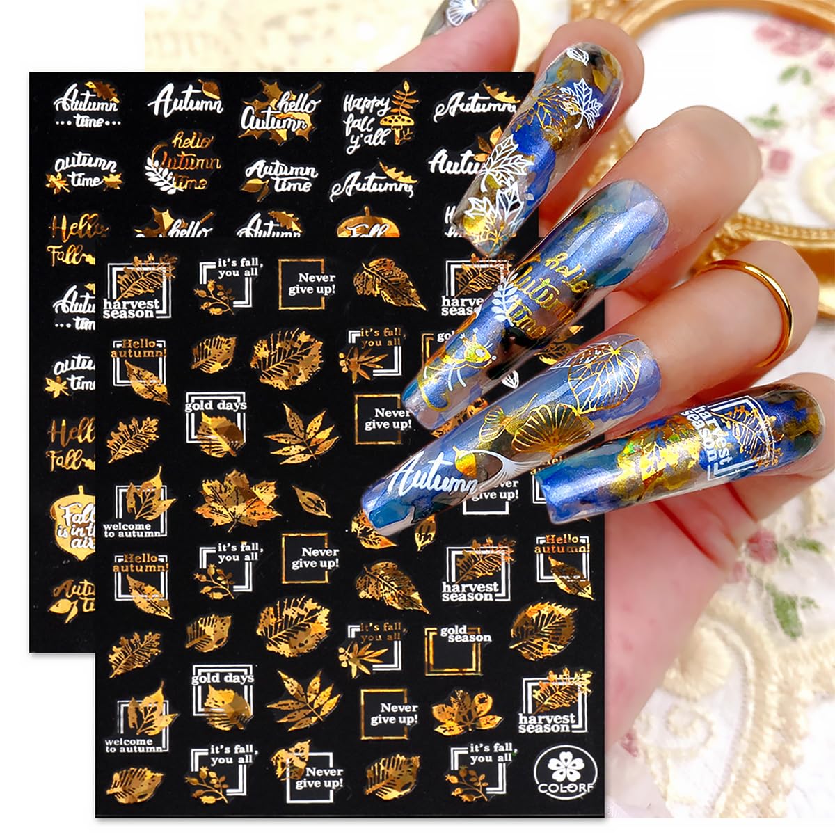 9 Sheets Fall Nail Art Stickers Maple Leaf Nail Decals Flower Tree Nail Design Decals 3D Self-Adhesive Glitter Gold Nail Stickers Thanksgiving Holiday Nail Art Decoration for Women Manicure Tips