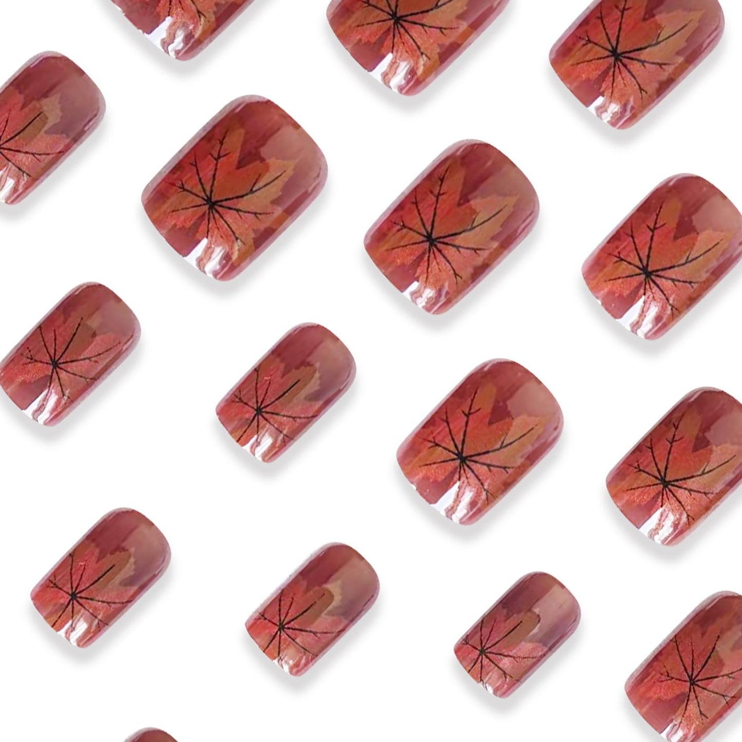 Thanksgiving Press on Nails Short Length Maple Leaves Square Brown French Acrylic Reusable Full Cover Glossy Coffin Fall Glue on Festival 24Pcs