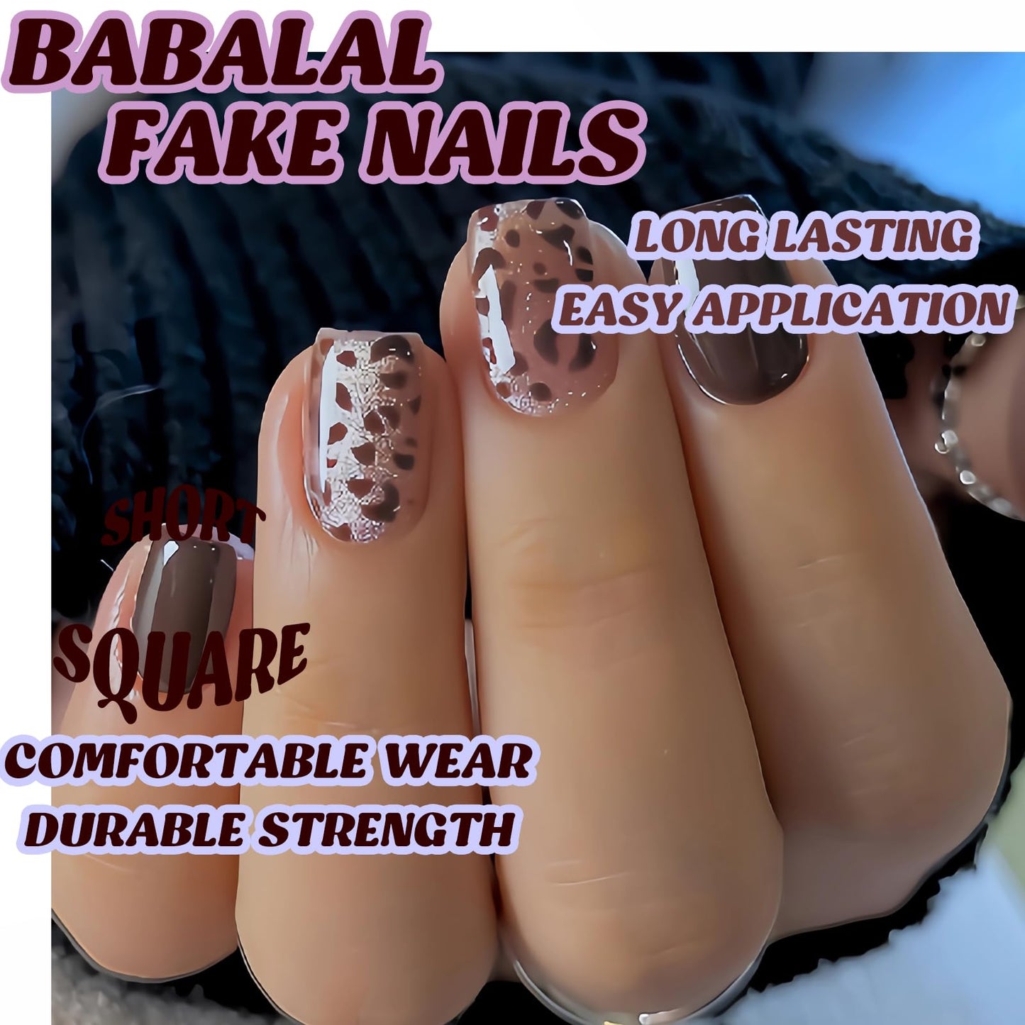 BABALAL Press on Nails Short Fake Nails Square - Brown Fall, Cheetah, Leopard, Acrylic, Glitter Bling, Glossy, 24Pcs Full Cover Artificial False Nails with Glue