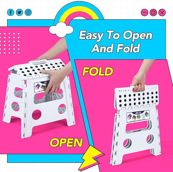 Delxo Folding Step Stool 13 Inch 2 Pack White Non-Slip Foldable Stools for Kids & Adults Up to 300 LBS Step Stool with Handle Lightweight for Kitchen/Bathroom/Bedroom/Garden