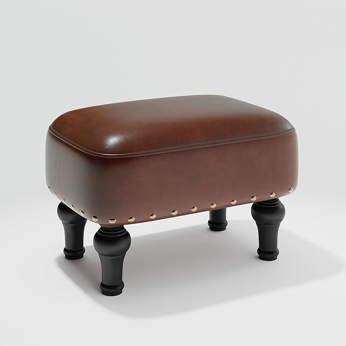 Ottoman Leather Foot Rest with Thicker Foam Padded Seat, Footstool with Wooden Legs (Brown)