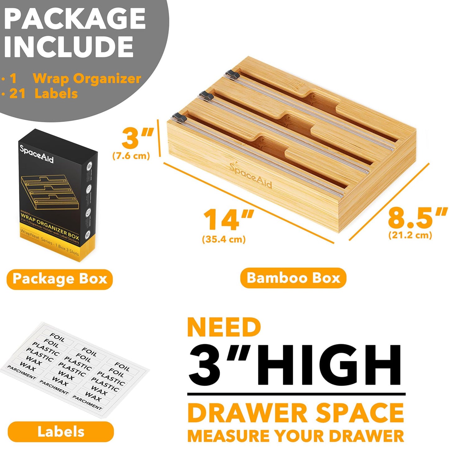 SpaceAid WrapNeat 3 in 1 Wrap Organizer with Cutter and Labels, Plastic Wrap, Aluminum Foil and Wax Bamboo Dispenser for Kitchen Storage Organization Holder for 12" Roll (Natural)