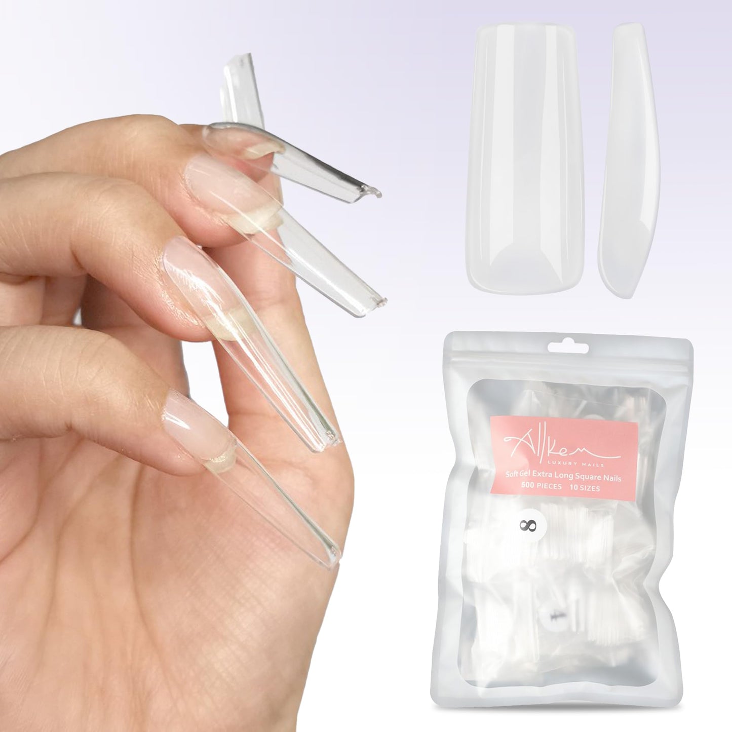 Allkem Soft Gel Nail Tips - XL Square Nail Extensions with Refill Bag - 12 Sizes Extra Long Full Cover Nails - Clear (500 Pieces)