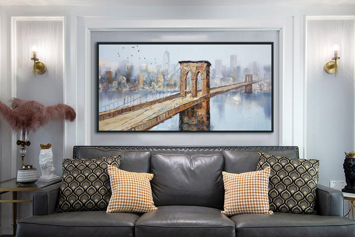Arjun Brooklyn Bridge Canvas Wall Art Abstract Skyline New York City Painting Modern NY Cityscape Picture Textured Artwork for Bedroom Living Room Bathroom Home Office Wall Decor Framed Large 40"x20"