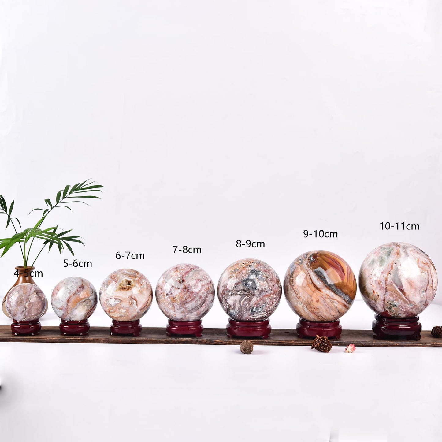 JIC Gem Natural Striped Agate Crystal Sphere with Wooden Stand Decorative Crystal Ball Healing Gemstone Sphere for Meditation Feng Shui Witch-Style Decor70-80mm