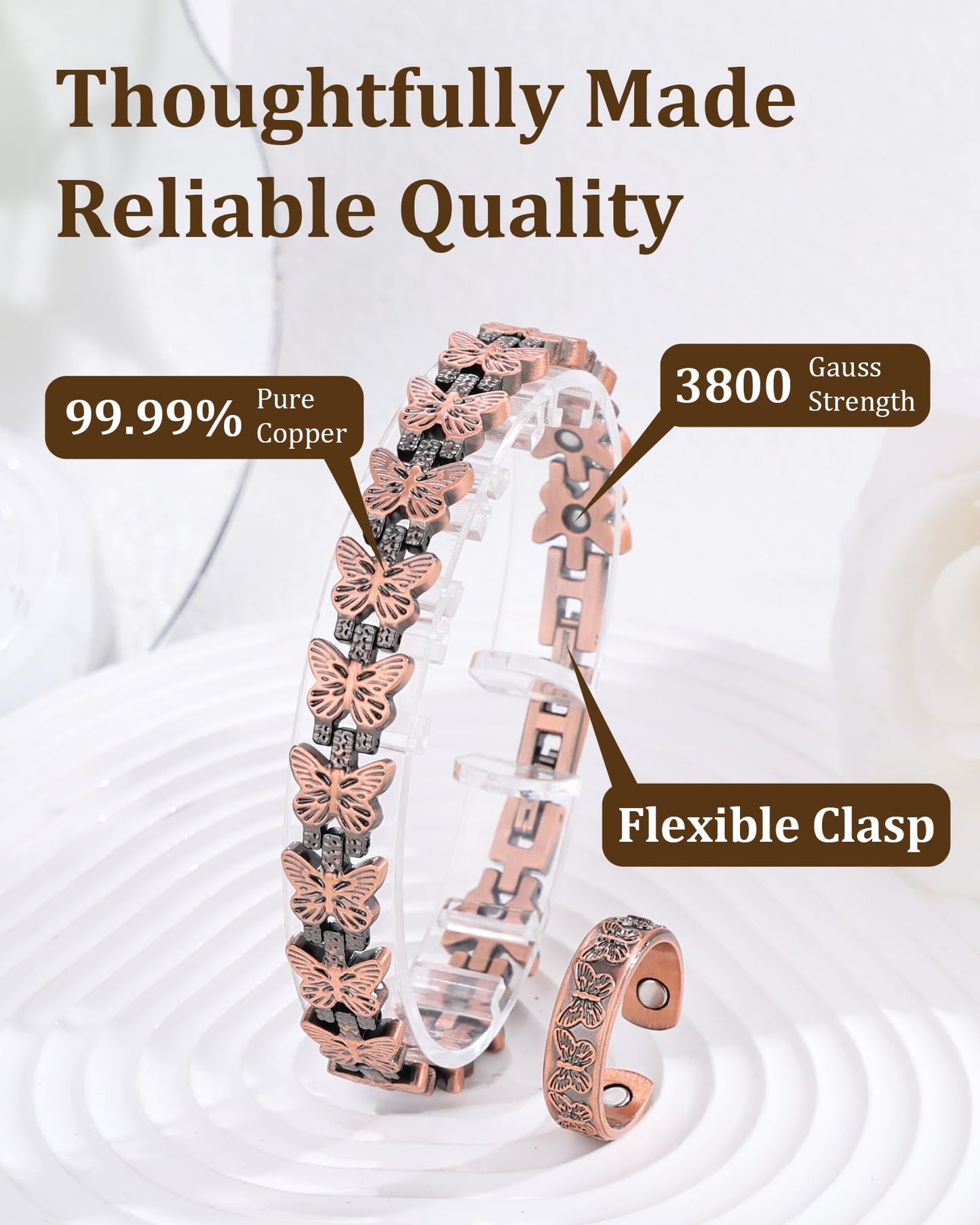 Fashtour Copper Bracelet and Ring Set for Women, 99.99% Pure Copper Magnetic Bracelet with Butterfly Design & Matching Adjustable Butterfly Ring – 3800 Gauss Magnets, Includes Sizing Tool & Gift Box