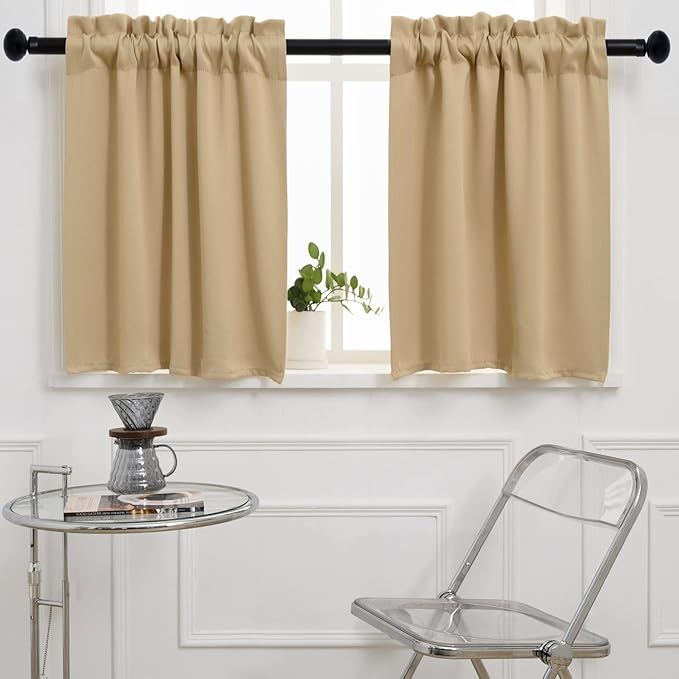 Pickluc Blackout Curtains 45 Inches Long 2 Panels, Room Darkening Tiers with Rod Pocket, Short Black Out Curtain for Small Window, 42" Wide and 45" Length, Set of Two, Beige.