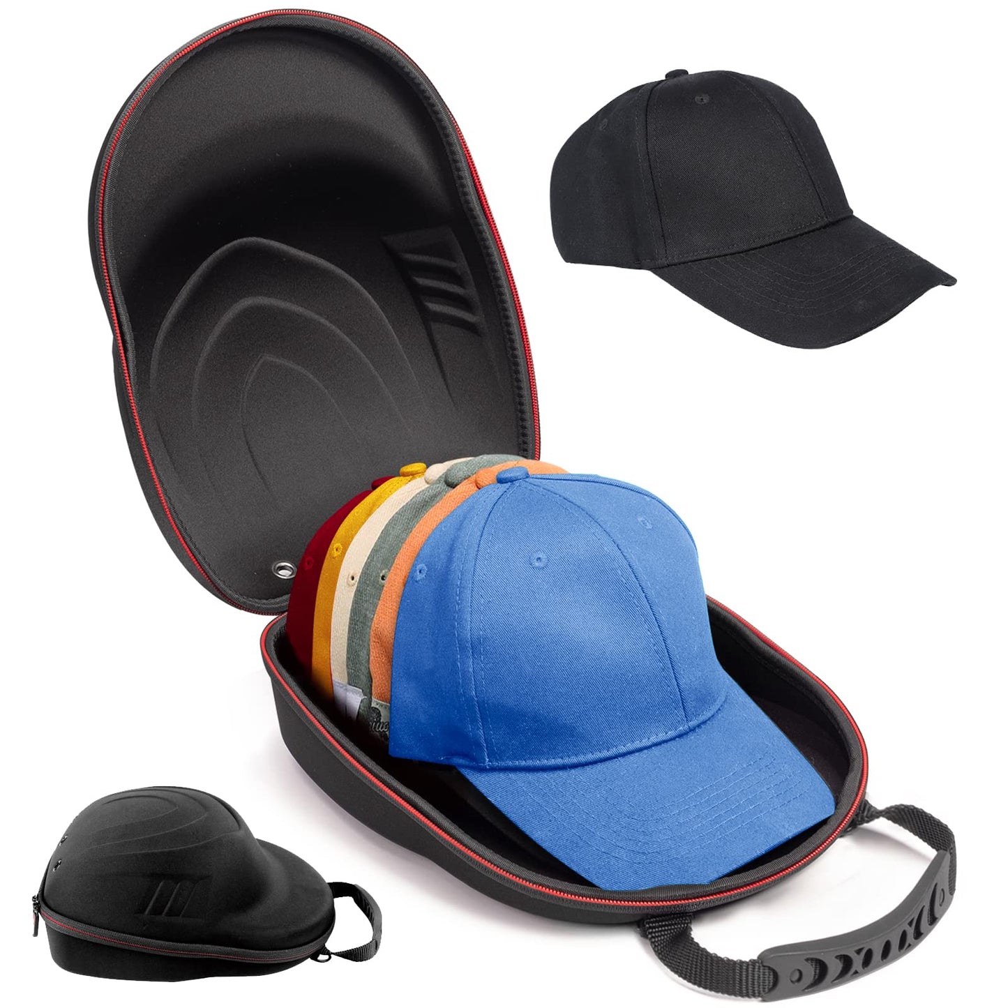 Hat Travel Case for Baseball Caps,Hard Hat Carrier Storage Case with 1 Pack Black Baseball Cap and Adjustable Shoulder Strap, Hat Organizer Holder Bag for 6 Baseball Caps for Men and Women - Black
