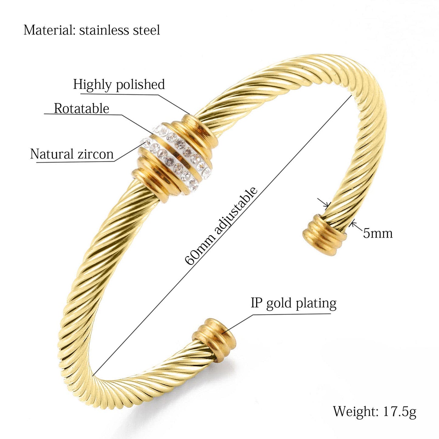 kaluoer Cable Bracelet Two Tone Stainless Steel Retro Twisted Wire Bangle Bracelet, Adjustable Cuff Bangle Bracelet, Suitable, Mother, Wife, Valentine's Day Gift (Golden)